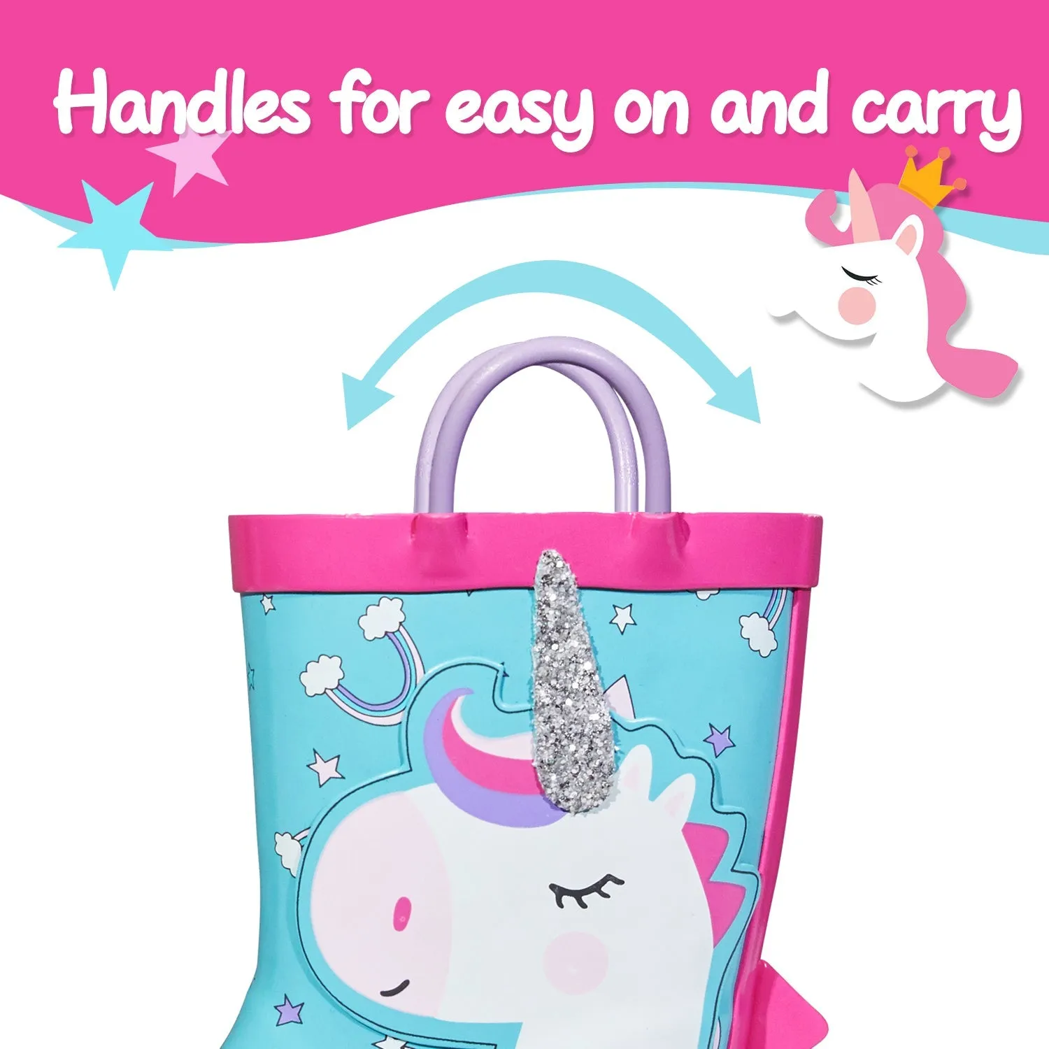 White Unicorn Purple Handle Cyan Rubber Rain Boots