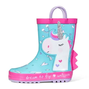 White Unicorn Purple Handle Cyan Rubber Rain Boots