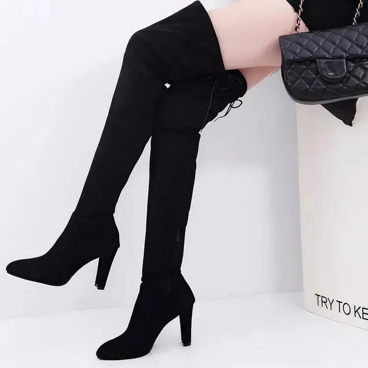 Women boot faux suede boots Women Over The Knee Boots Lace Up Sexy High Heels Shoes Woman Female Slim Thigh High Boots